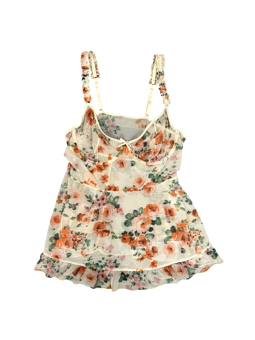 Cream, pink, and green floral mesh lingerie babydoll top
